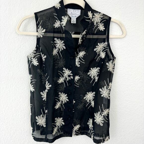 Talbots Womens Sleeveless Blouse Top Size 2 P 100% Silk Embroidered Floral Black - Picture 1 of 7